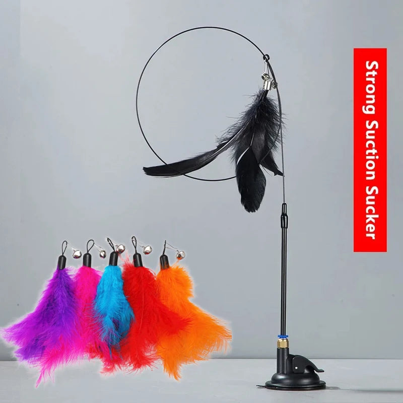 Teaser Pole Feather Bell Suction Cup Interactive Toy