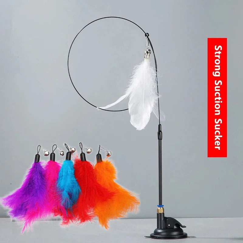 Teaser Pole Feather Bell Suction Cup Interactive Toy