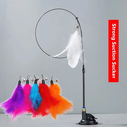Teaser Pole Feather Bell Suction Cup Interactive Toy
