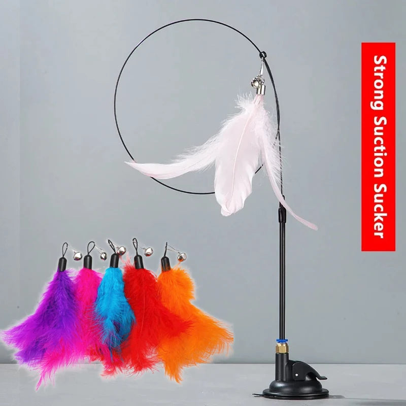 Teaser Pole Feather Bell Suction Cup Interactive Toy