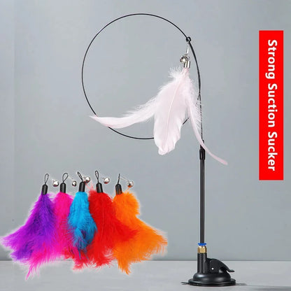 Teaser Pole Feather Bell Suction Cup Interactive Toy